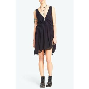 FREE PEOPLE Black Rio Grande Boho Ruffle V-Neck Whimsy Goth Mini Dress Size XS
